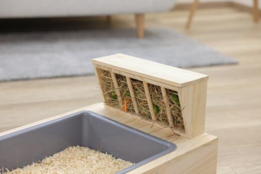 Kaninchen Buddelkiste mit Futterstation und Heuraufe Echtholz unbehandelt - auch als Nagertoilette nutzbar