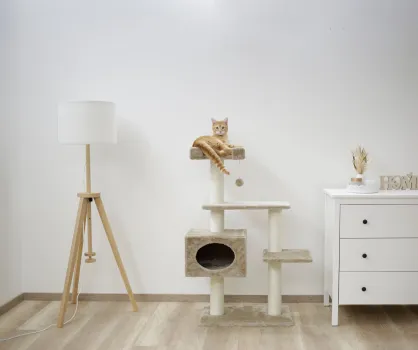 Kratzbaum Emmy - Höhe 111 cm Katzenbaum mit Katzenhöhle, beige, für Katzen und Kitten