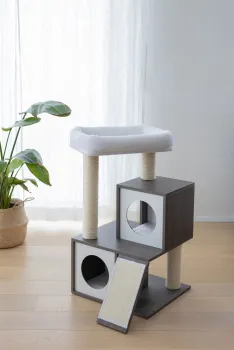 Kratzbaum für Katzen Flair - 86 cm - weiß / grau Echtholz, Designer Katzenbaum im edlen Look