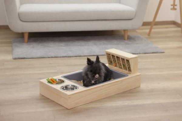 Kaninchen Buddelkiste mit Futterstation und Heuraufe Echtholz unbehandelt - auch als Nagertoilette nutzbar