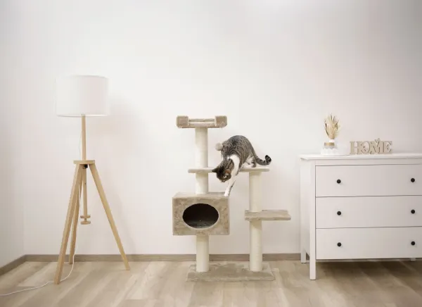 Kratzbaum Emmy - Höhe 111 cm Katzenbaum mit Katzenhöhle, beige, für Katzen und Kitten