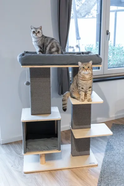 Kratzbaum Noah IV grau - Kerbl Designer Katzenbaum Echtholz, eckige Kratzsäulen, als Eckkratzbaum geeignet
