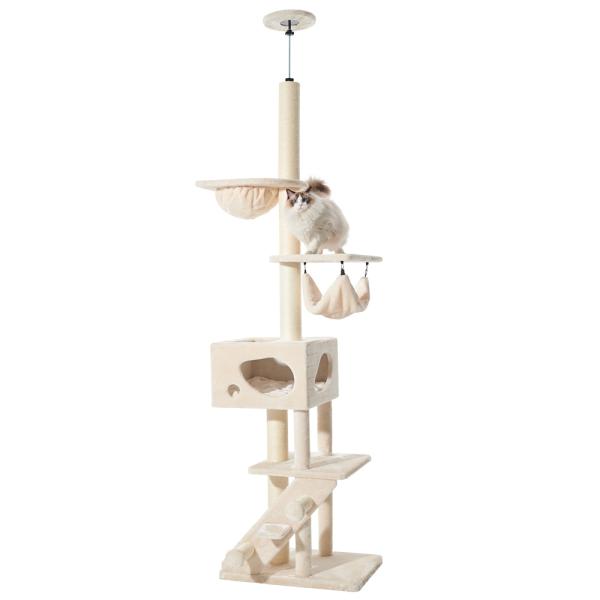 Kratzbaum Sivas deckenhoch beige - Katzenbaum, ideal für mehrere Katzen, extra weich mit Hängematten