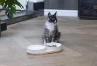 Dinnerset Lojs Designed by Lotte, Katzennäpfe, Napfset aus Holz mit Keramiknäpfen, Futterbar für Katzen